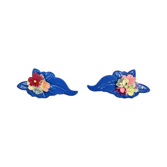 Blue Flower Bouquet Statement Earrings 2.5" Floral Spray Spring Summer - Picture 3 of 7